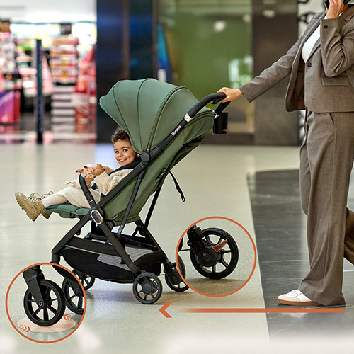 Kinderwagen mit gefederten, schwenkbaren Rädern.